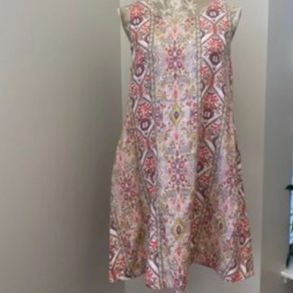 Rachel Zoe Aztec Trapeze Sleeveless 100% Linen mini dress with side slit pockets - Picture 3 of 4
